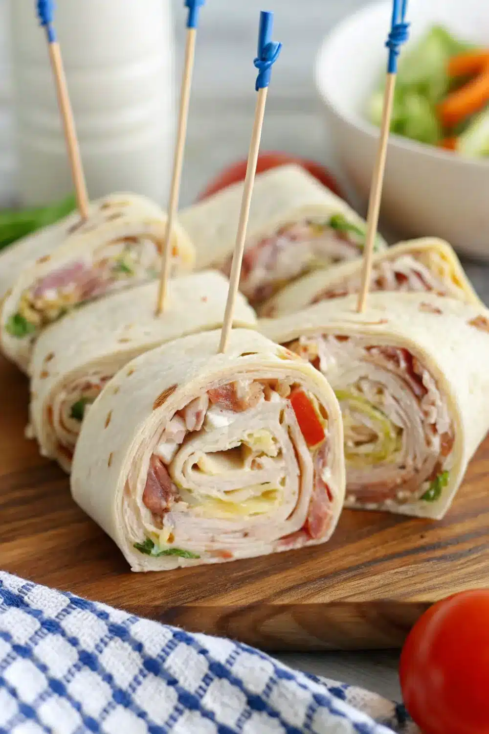 Hearty ham and turkey pinwheels featuring fresh and savory ingredients.