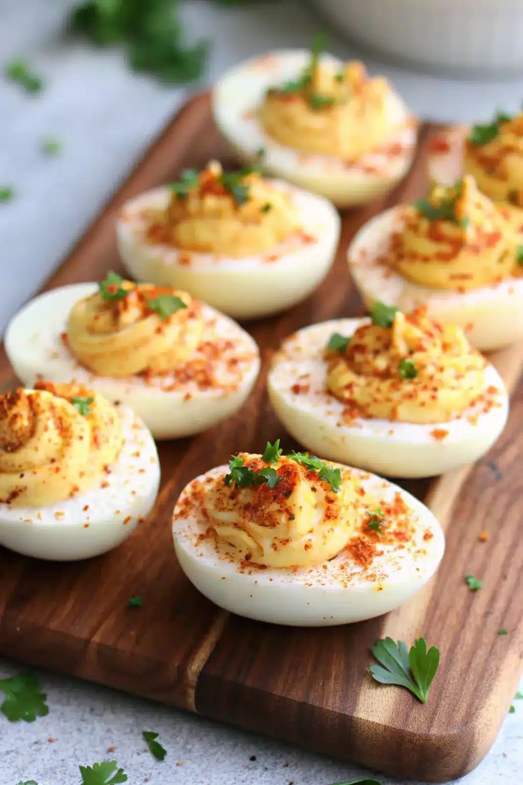 A close-up image of Best Ever Classic Deviled Eggs, garnished with fresh herbs and paprika.