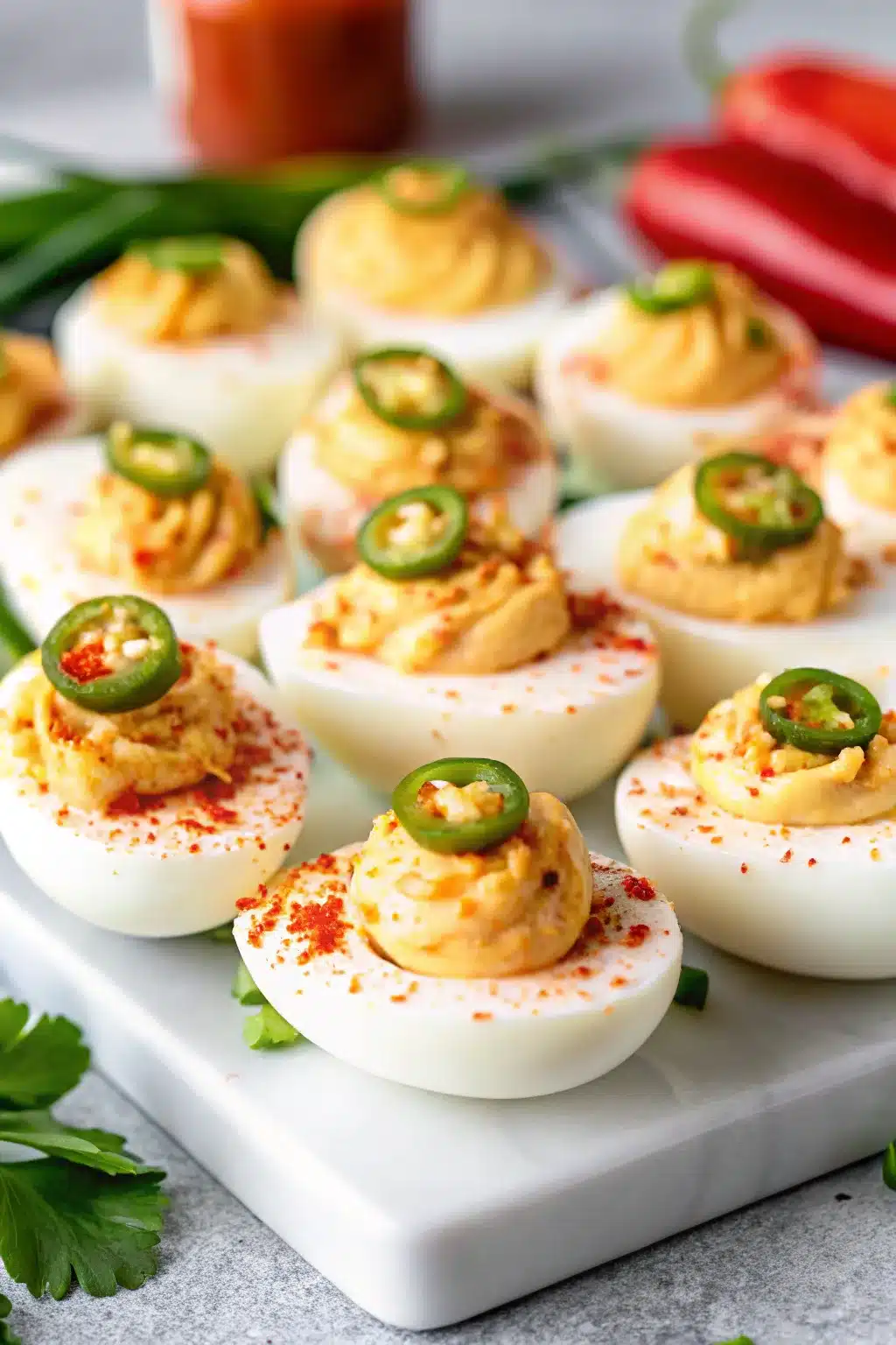 Bloody Mary Deviled Eggs topped with celery leaves and a cherry tomato slice.