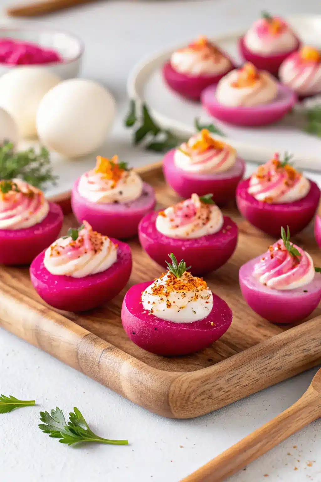 Pink Beet Deviled Eggs with a vibrant pink hue, garnished with fresh dill.