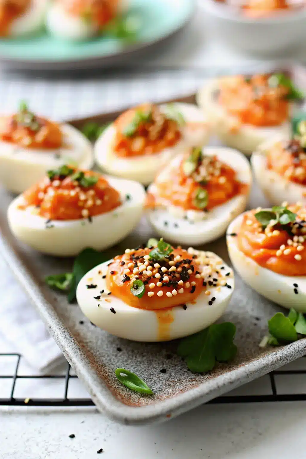 Spicy Gochujang Deviled Eggs topped with sesame seeds and green onions.