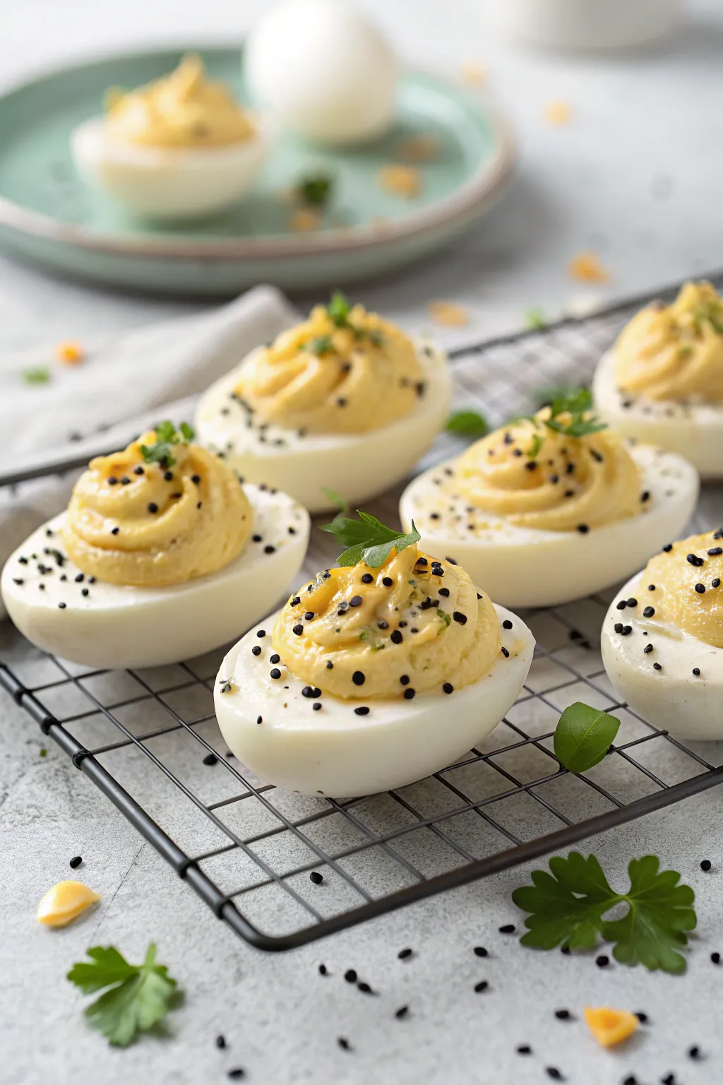 Everything Bagel Deviled Eggs sprinkled with sesame seeds and poppy seeds. 