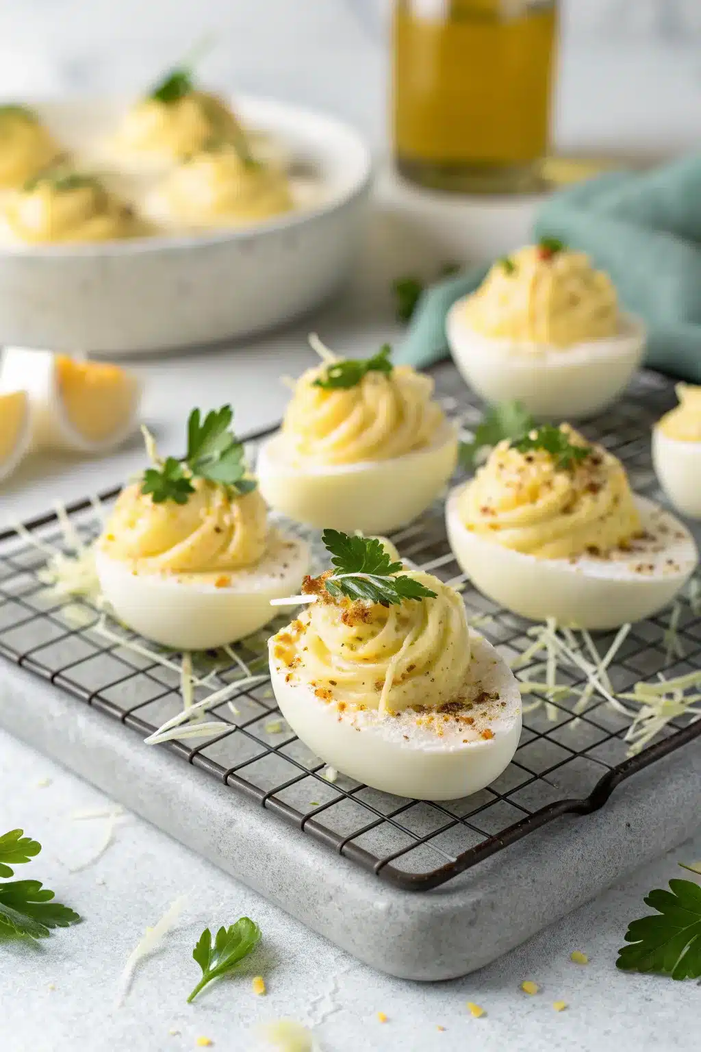 Truffle Parmesan Deviled Eggs topped with shaved Parmesan and a drizzle of truffle oil.