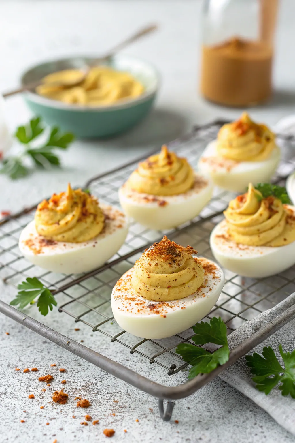 Honey Mustard Deviled Eggs drizzled with honey and garnished with fresh chives.