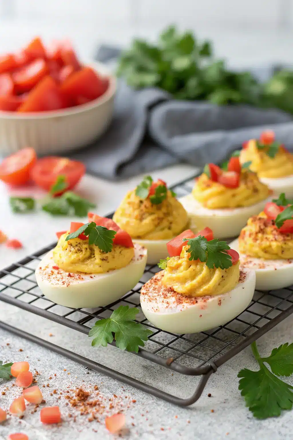 Taco-Inspired Deviled Eggs topped with shredded cheese and diced jalapeños. 