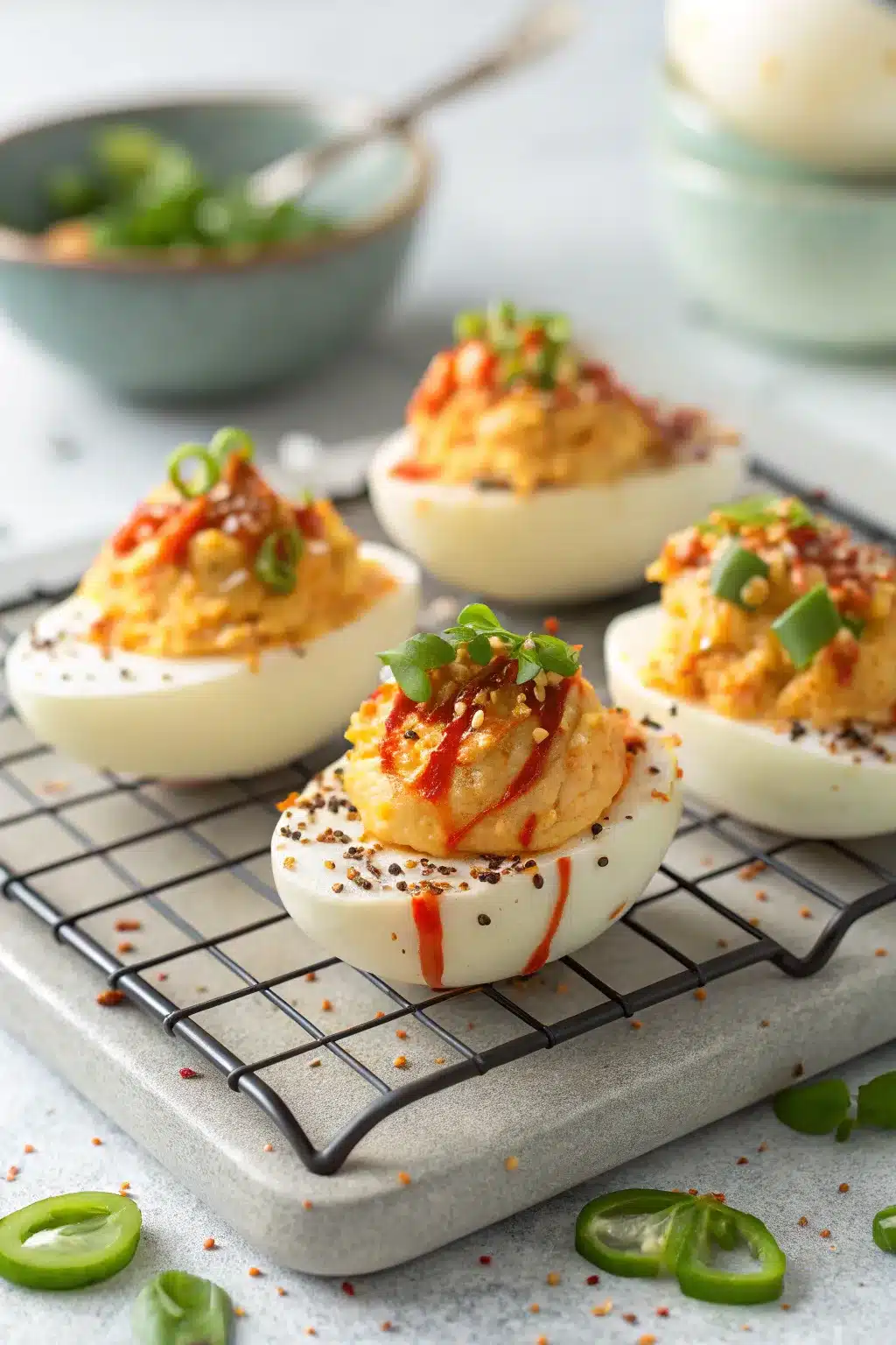 Kimchi Deviled Eggs topped with diced kimchi and a sprinkle of sesame seeds.