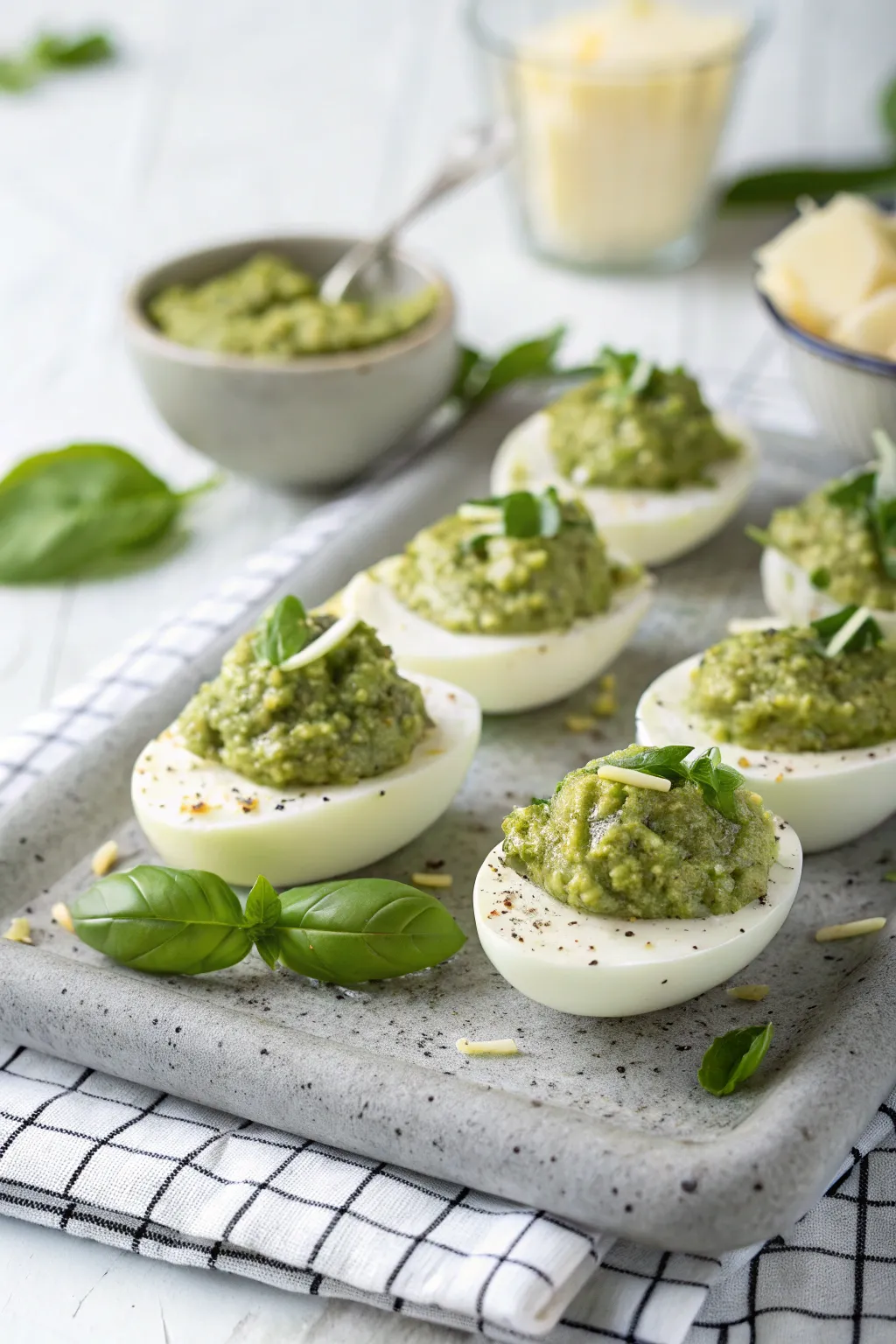 Pesto Mozzarella Deviled Eggs garnished with basil and shredded mozzarella cheese.