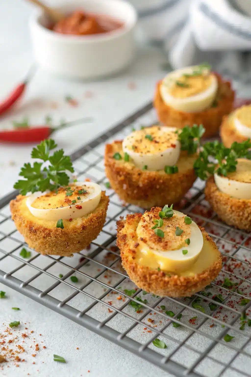 Fried Deviled Eggs with a crispy golden coating, served with dipping sauce.