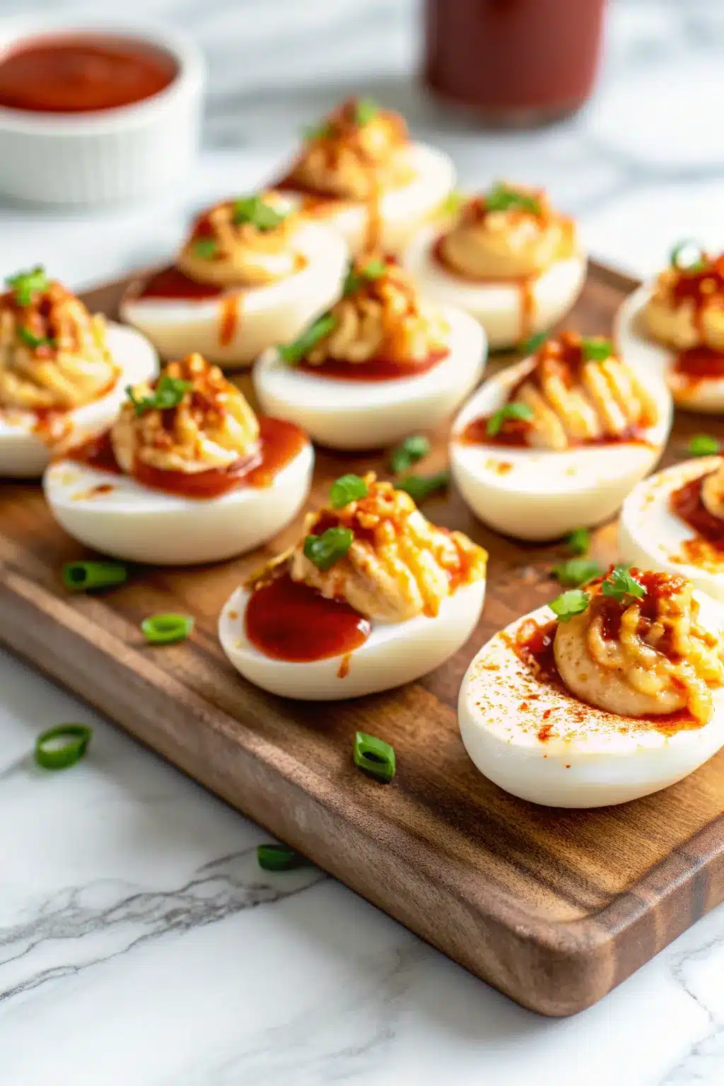 Sriracha Deviled Eggs with a spicy kick, garnished with green onions and a drizzle of extra Sriracha.