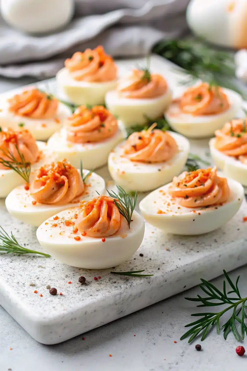 Smoked Salmon Deviled Eggs topped with fresh dill and a small piece of smoked salmon.