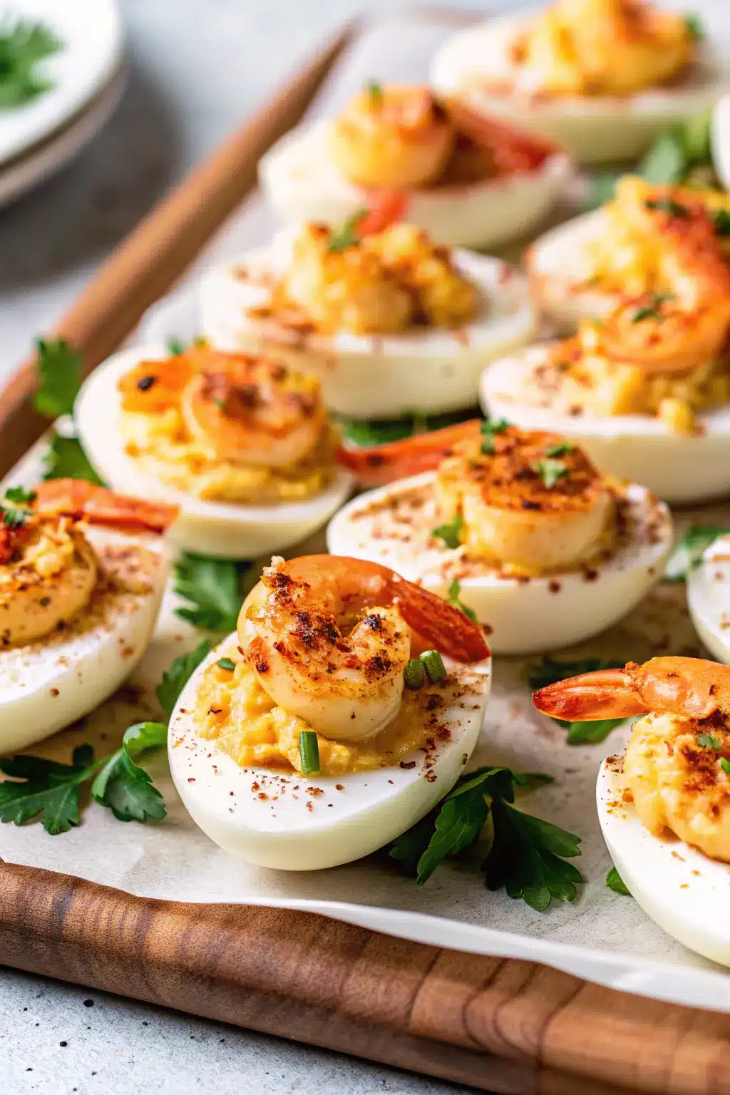 Cajun Shrimp Deviled Eggs garnished with a spicy shrimp and fresh parsley.