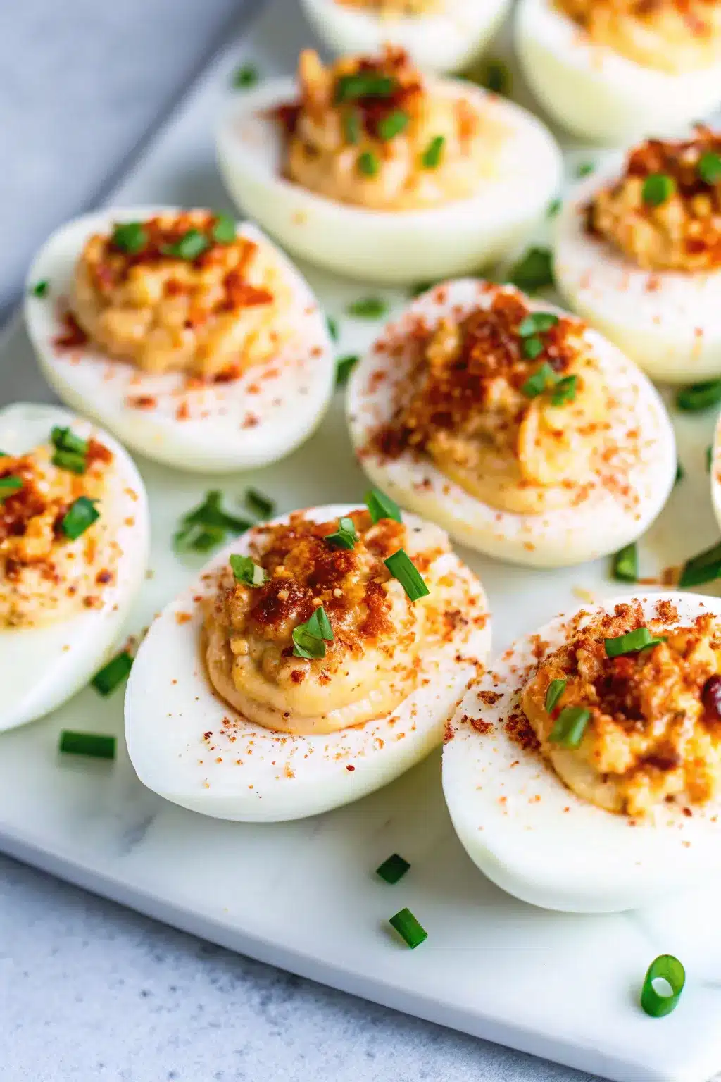 Bacon Deviled Eggs topped with crispy bacon bits and a sprinkle of paprika.