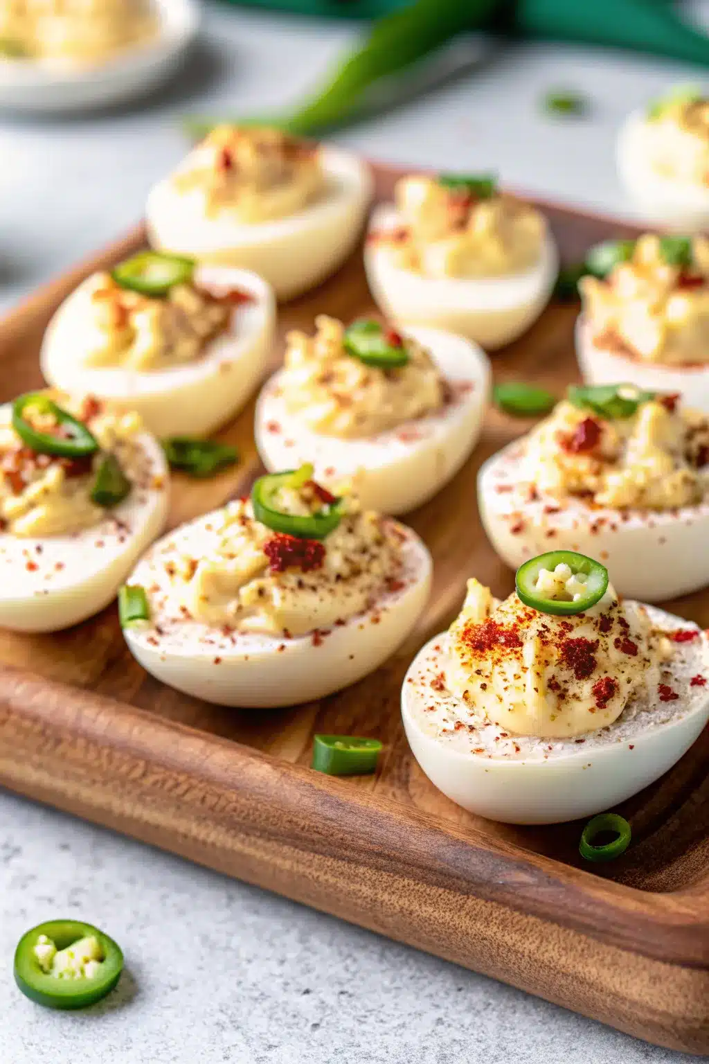 Jalapeño Popper Deviled Eggs topped with crispy bacon bits and a fresh jalapeño slice.