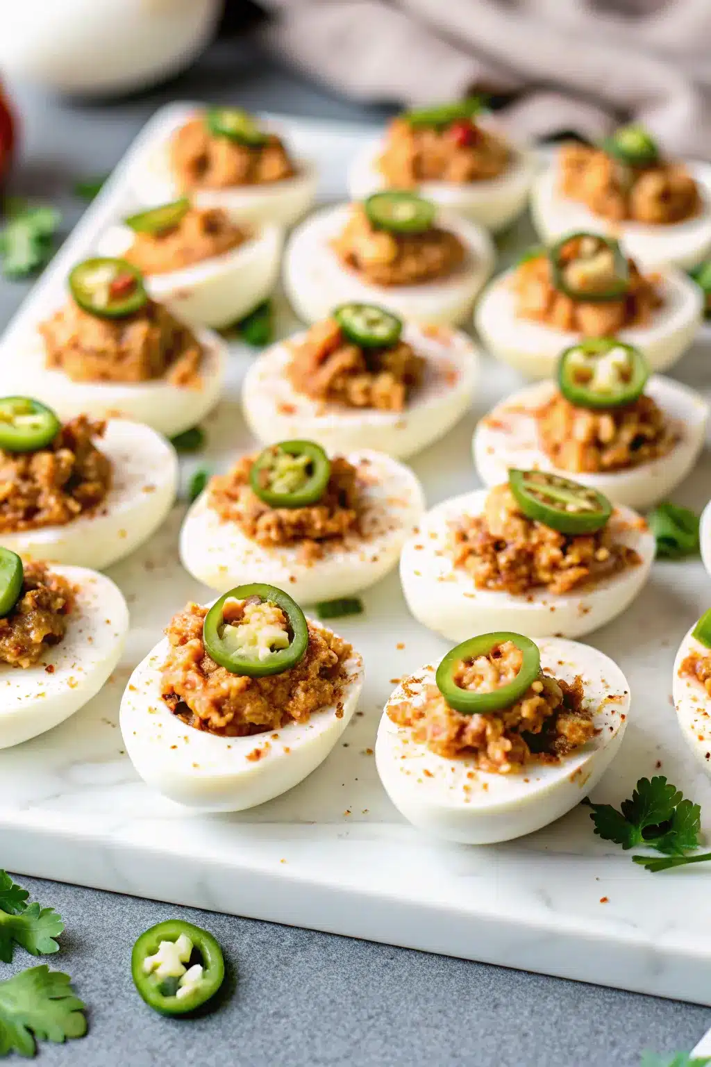 Mexican Deviled Eggs with Chorizo, topped with fresh cilantro and crumbled chorizo. 