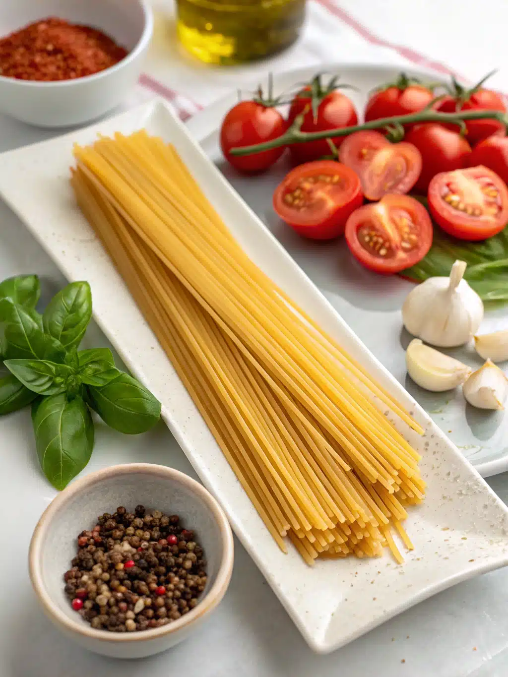 Ingredients for Bucatini with Spicy Summer Tomatoes