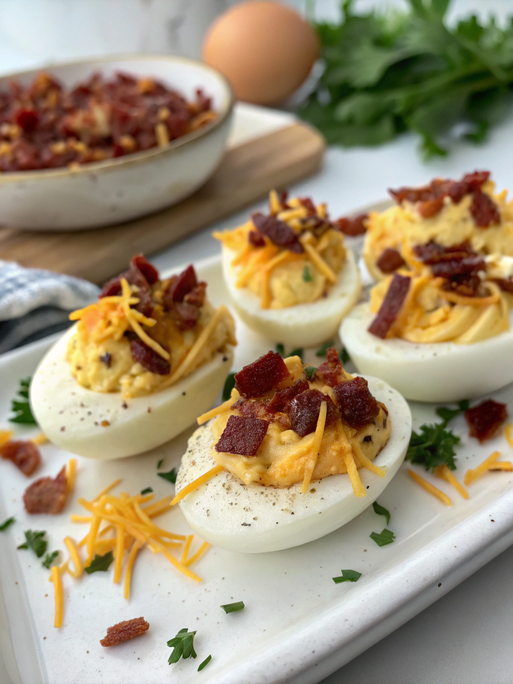 Deviled Eggs With Creative Toppings Bacon Cheddar etc. ingredients