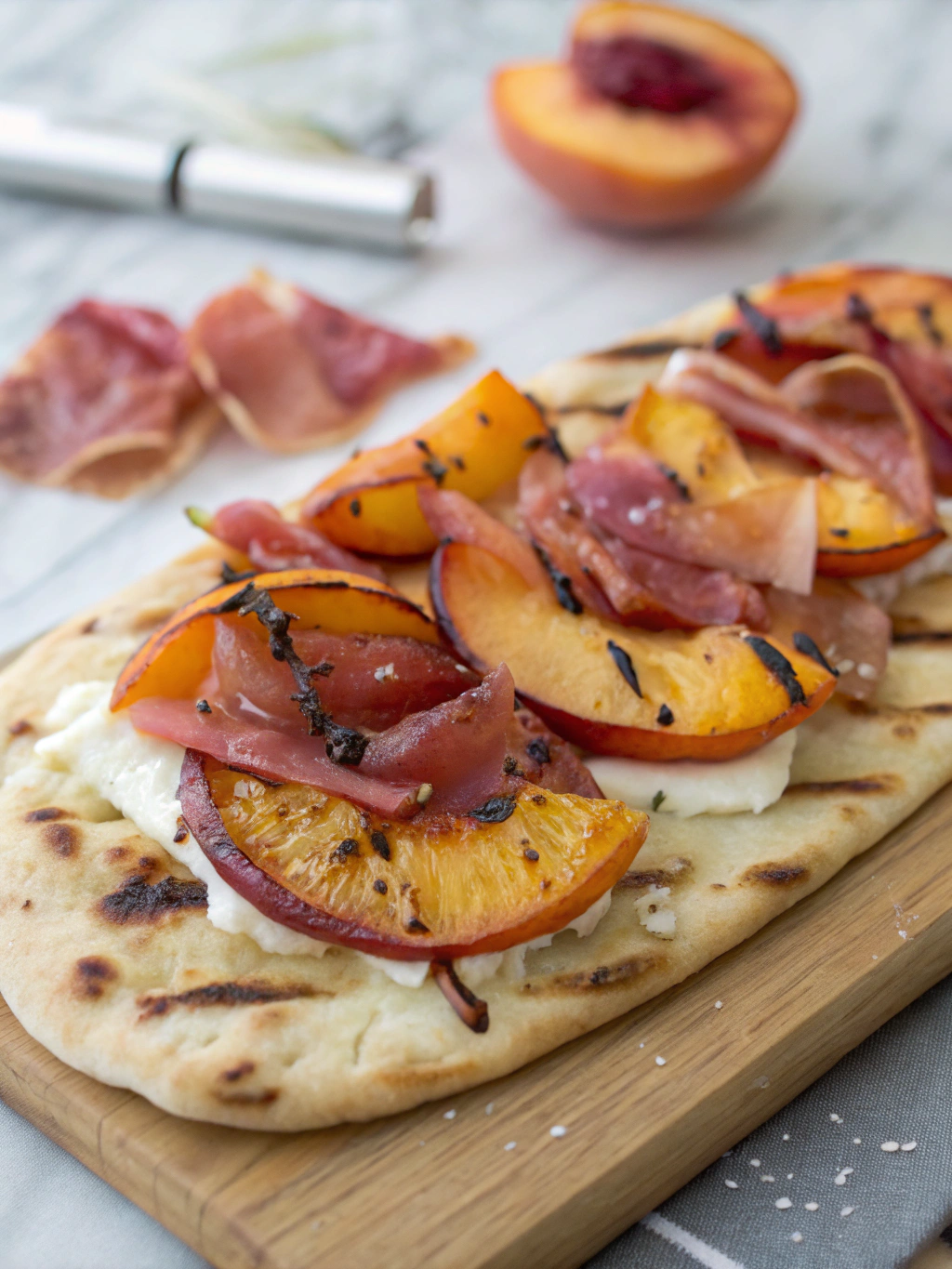 Grilled Peach and Prosciutto Flatbread finished dish