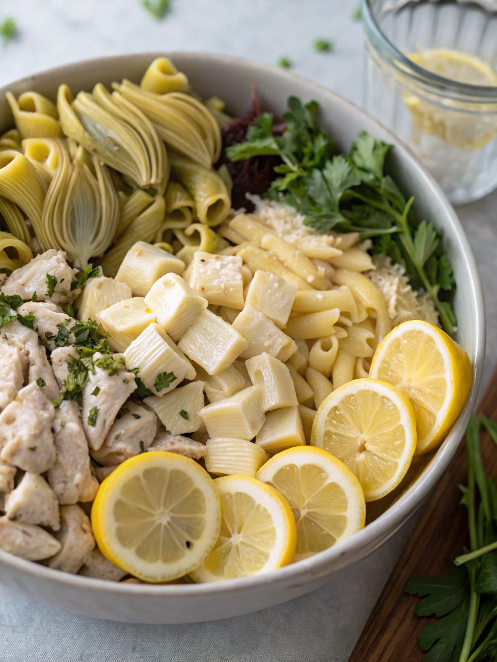 Ingredients for Lemon Chicken Artichoke Pasta Salad