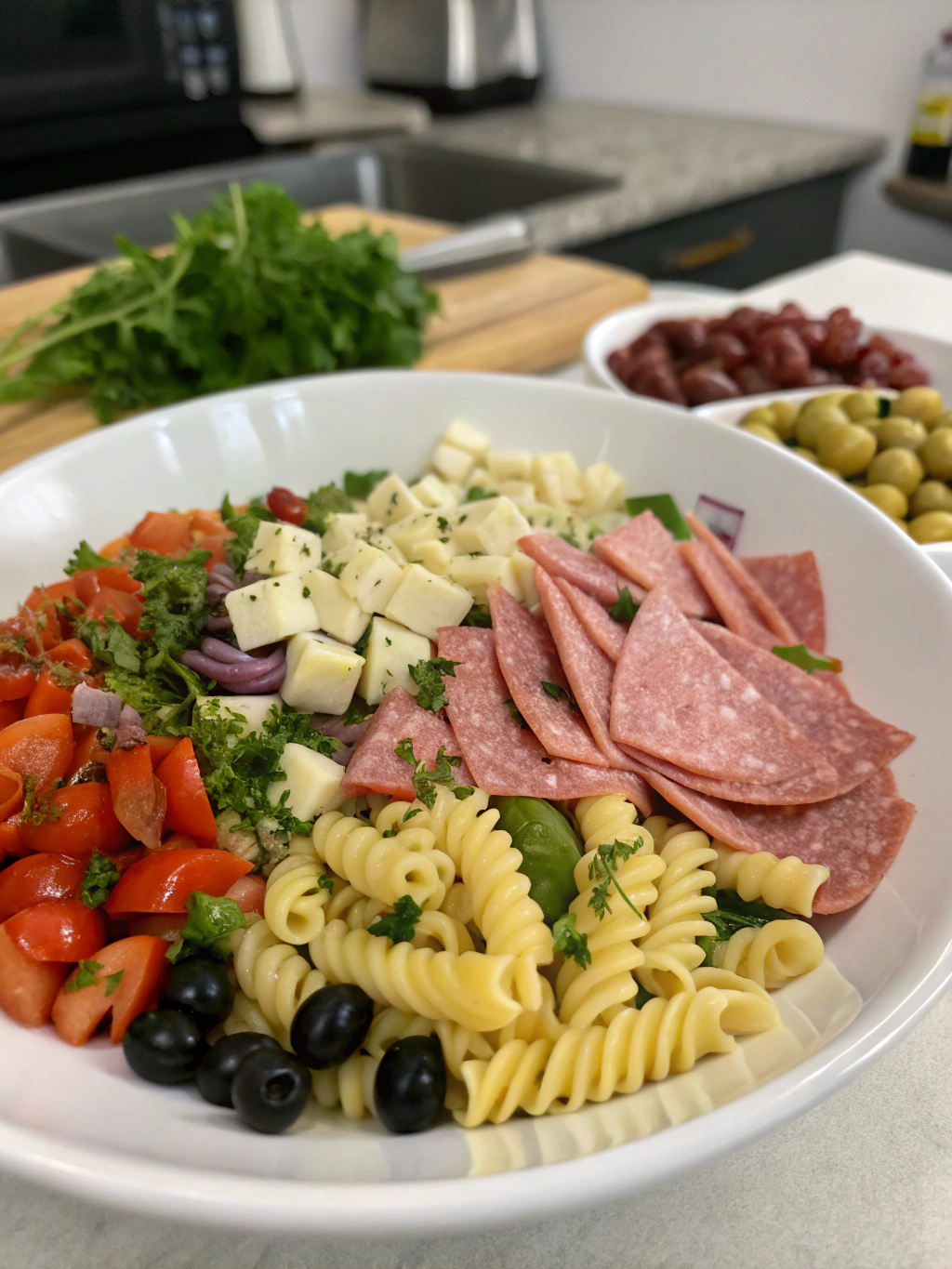 Muffuletta Pasta Salad ingredients
