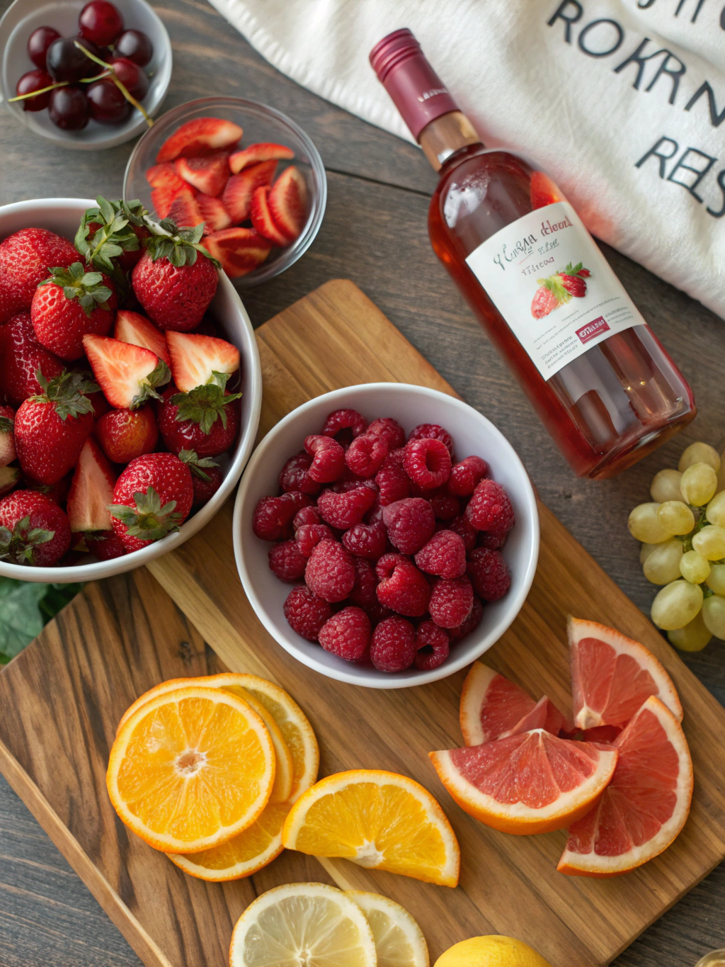 Ingredients for Rosé Sangria laid out on a counter