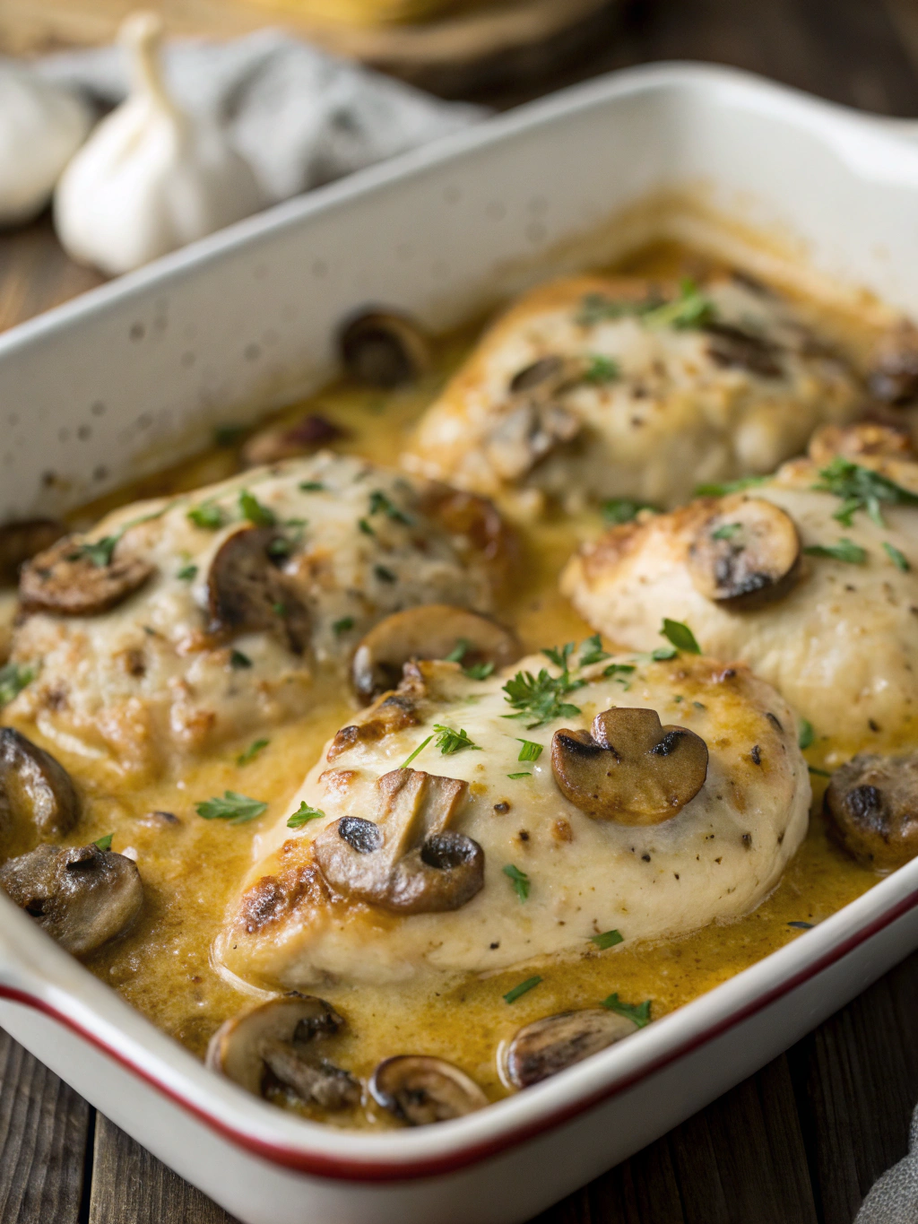 Creamy Parmesan Garlic Mushroom Chicken Bake