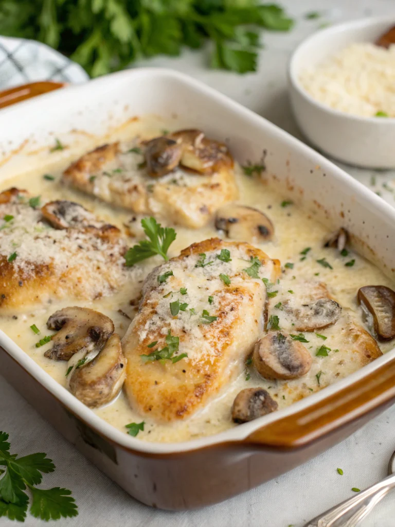 Creamy Parmesan Garlic Mushroom Chicken Bake