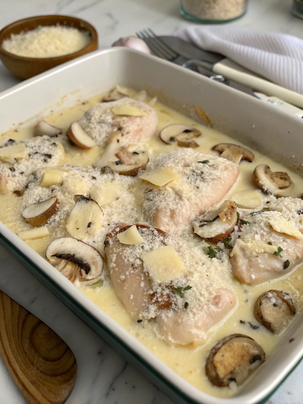 Ingredients for Creamy Parmesan Garlic Mushroom Chicken Bake