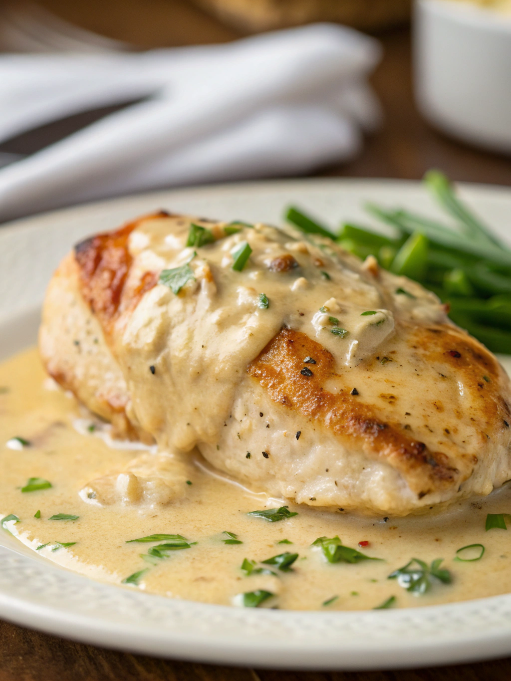 Close up of prepared White Wine Cream Sauce Baked Chicken