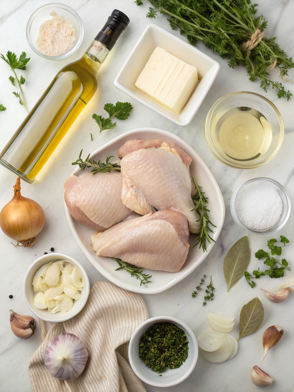 Ingredients laid out for White Wine Cream Sauce Baked Chicken
