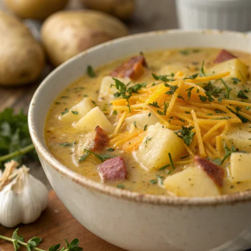 Hearty Cheddar Garlic Herb Potato Soup 1