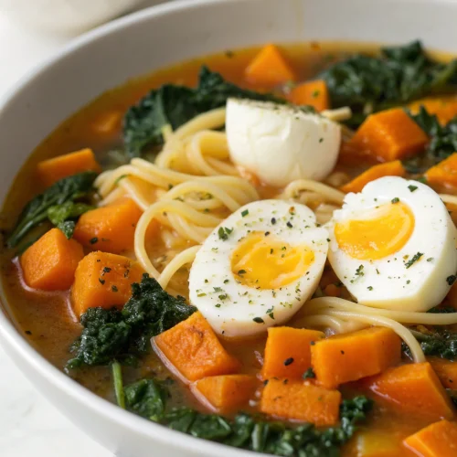 Kale and Sweet Potato Soup with Pasta and Poached Eggs 1