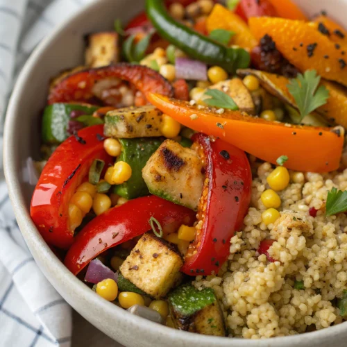 Spicy roasted veggie quinoa bowl 1