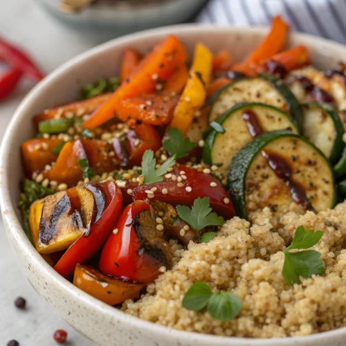 Spicy roasted veggie quinoa bowl 1