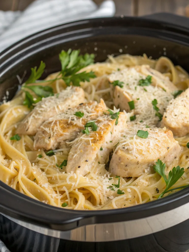 Crockpot Garlic Parmesan Chicken Pasta